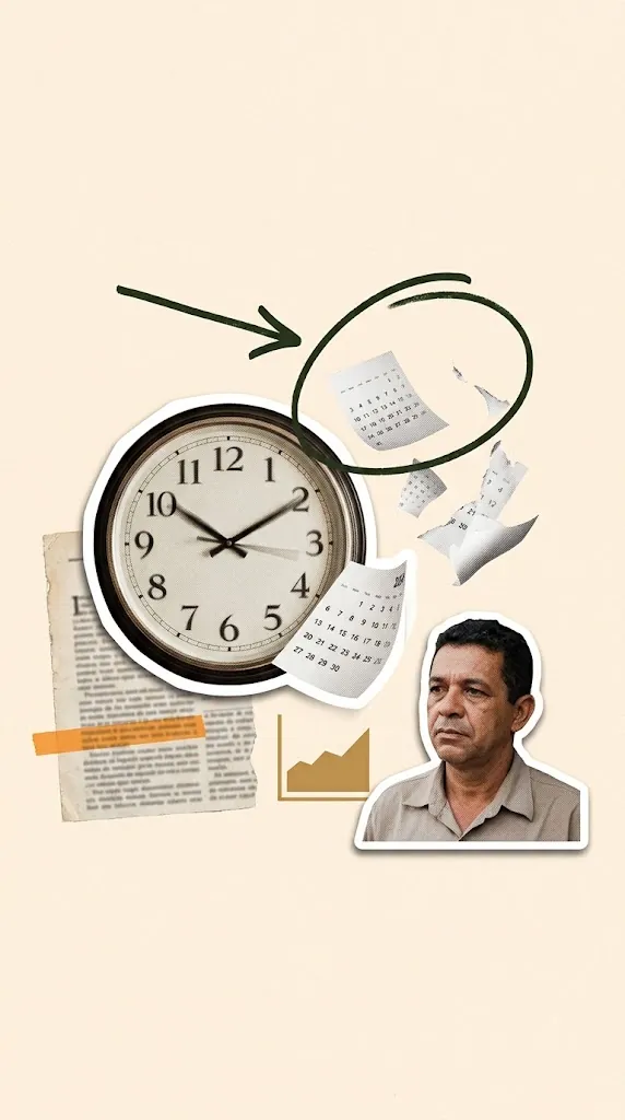 Exemplo de colagem estilo Vox com relógio, calendários rasgados e retrato recortado