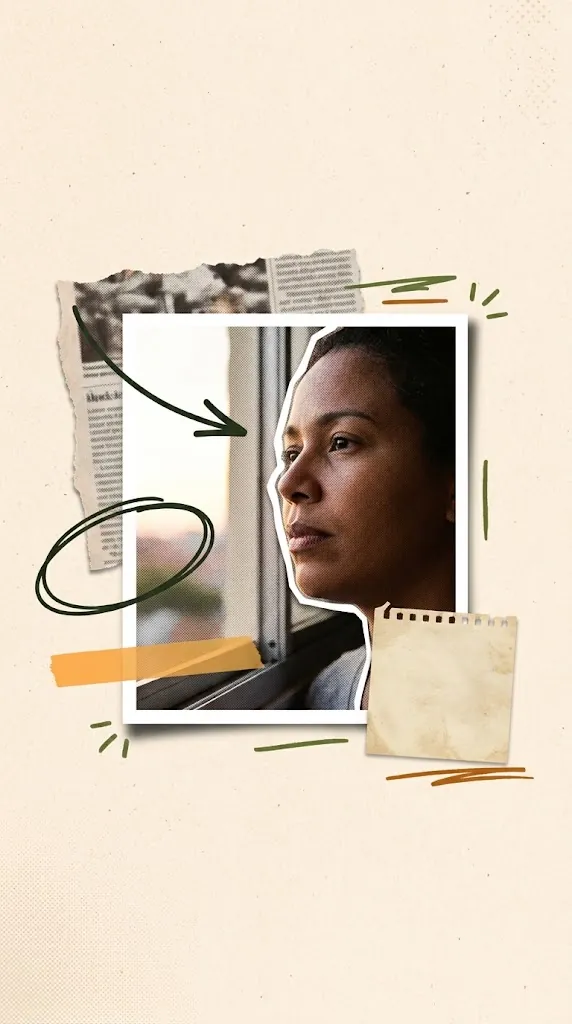 Cutout portrait with white paper border, masking tape and a newspaper clipping
