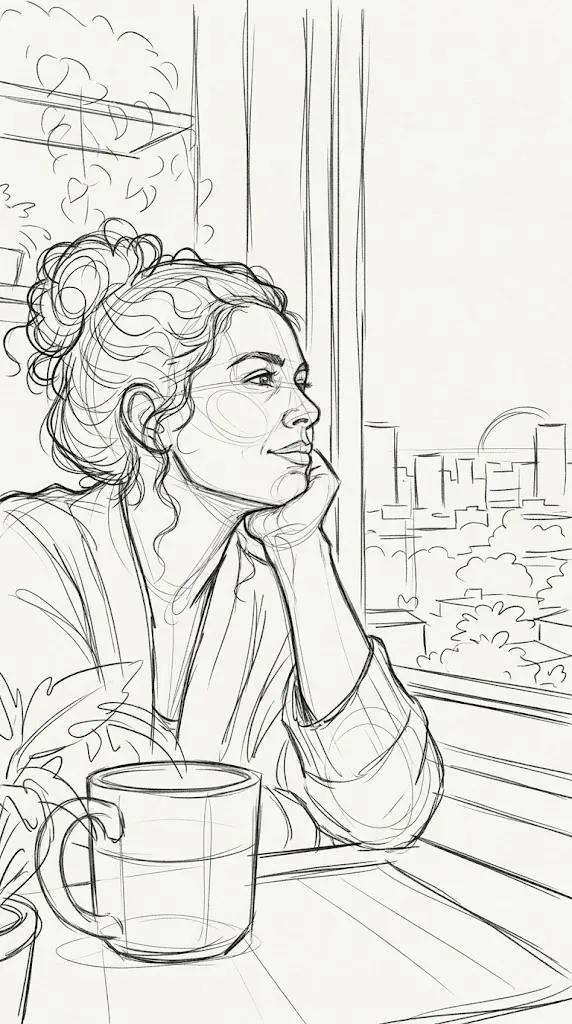 Esboço em line art de uma mulher tomando café, ideal para animação whiteboard